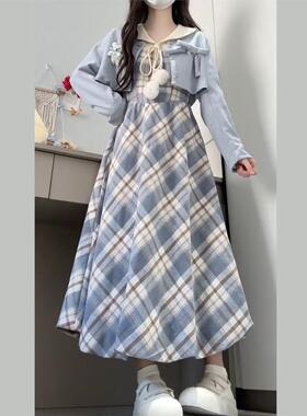 韩系独特超好看早秋减龄一整套穿搭短款外套格纹连衣裙子两件套装