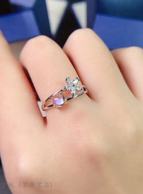 s925纯银戒指空托 正圆形5*5mm精工 双色 镶钳水晶石 甜美 小花花