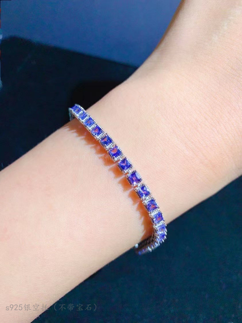 s925纯银手链空托 正方形3*3mm群镶钳多粒坦桑石 紫水晶石 满镶款