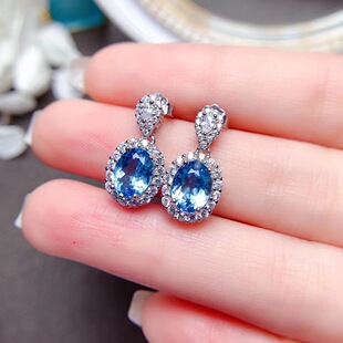 s925纯银耳钉空托 椭圆形6*8mm精工 镶钳瑞士蓝 粉水晶石 气质 女