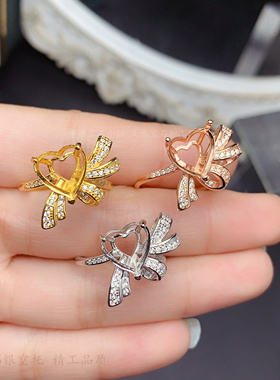 女s925纯银甜美蝴蝶结女戒爱心形