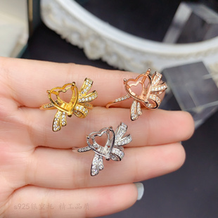 爱心形10*10mm戒指空托 甜美蝴蝶结女戒托 厚双层 s925纯银饰品