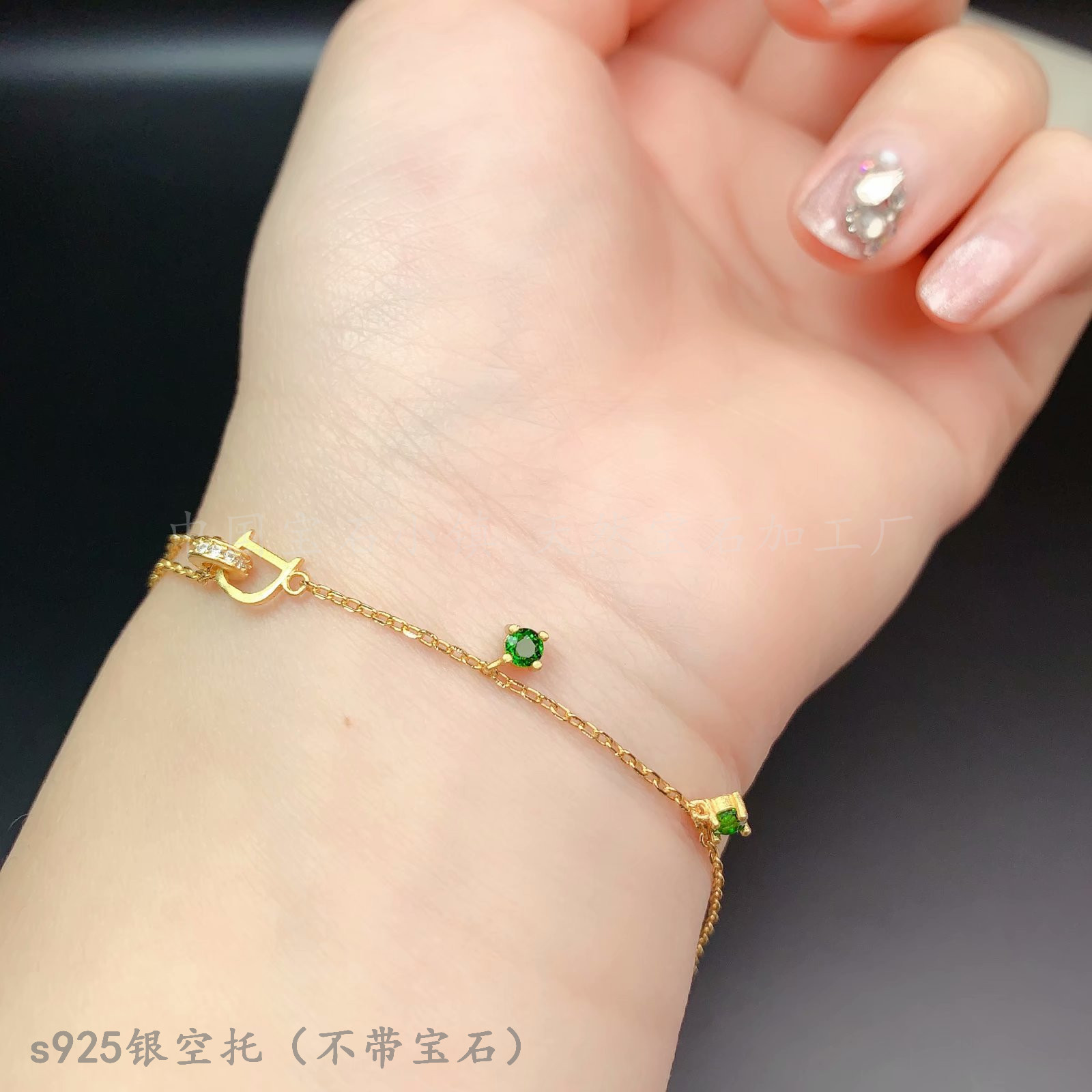 s925纯银手链空托 圆形3*3mm镶钳天然透辉石 蛋面简约饰品ins小众图片