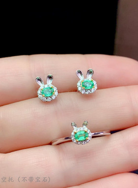 纯银耳钉椭圆形兔子祖母绿戒指