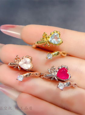 女s925纯银甜美糖果女戒托爱心形