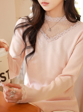 ATAR甜美淑女春冬装蕾丝花边长袖针织打底衫 V型网纱拼接立领上衣