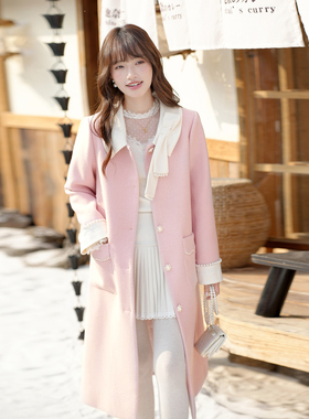 ATAR韩系甜美风粉粗花呢外套女冬装新款减龄中长款珍珠扣翻领大衣