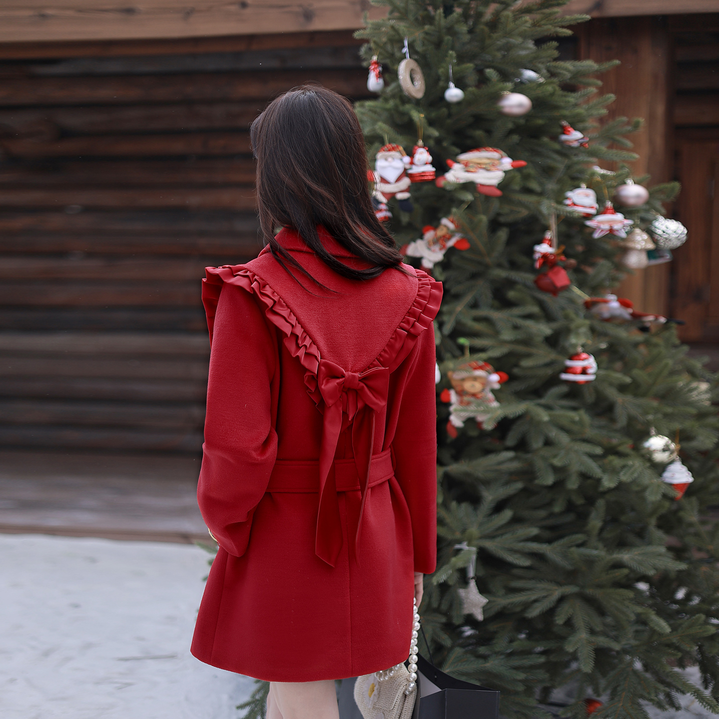 ATAR甜美冬装新款女荷叶边蝴蝶结系带收腰显瘦毛呢外套双排扣大衣