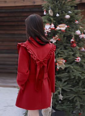 ATAR甜美冬装新款女荷叶边蝴蝶结系带收腰显瘦毛呢外套双排扣大衣