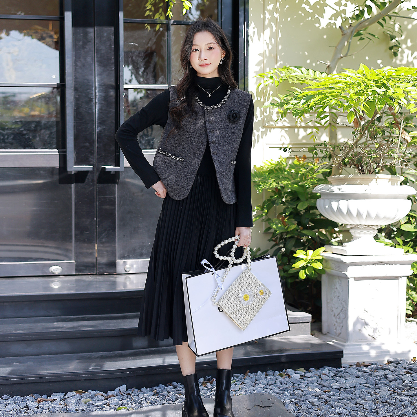 ATAR小香风2026春女装高领长袖百褶连衣裙子圆领马甲无袖外套套装,女装/女士精品,时尚套装,淘宝优惠券,粉丝福利购,淘宝优惠卷