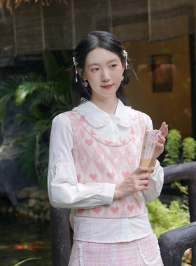 ATAR甜美休闲秋装新款假两件长袖翻领衬衫 2025菱格背心拼接衬衣