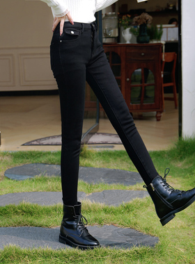 ATAR加绒牛仔裤女2025冬装新款高腰显腿长显瘦弹力紧身裤打底裤子