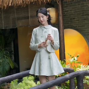 ATAR新中式国风套装春秋装新款小众盘扣短外套无袖连衣裙两件套