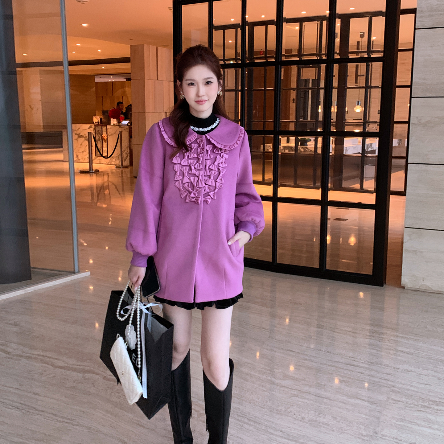 ATAR秋冬新款甜美娃娃领毛呢外套女士长袖中长款蝴蝶结呢子大衣