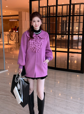 ATAR秋冬新款甜美娃娃领毛呢外套女士长袖中长款蝴蝶结呢子大衣