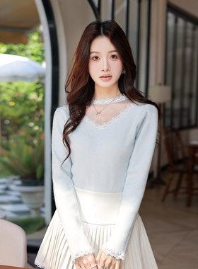 ATAR温柔韩系风蕾丝拼接针织衫女长袖显瘦百搭打底衫小心机上衣潮
