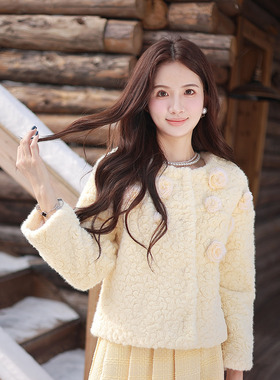 ATAR名媛淑女冬装新款毛球温柔花朵环保皮草短外套 圆领毛毛上衣