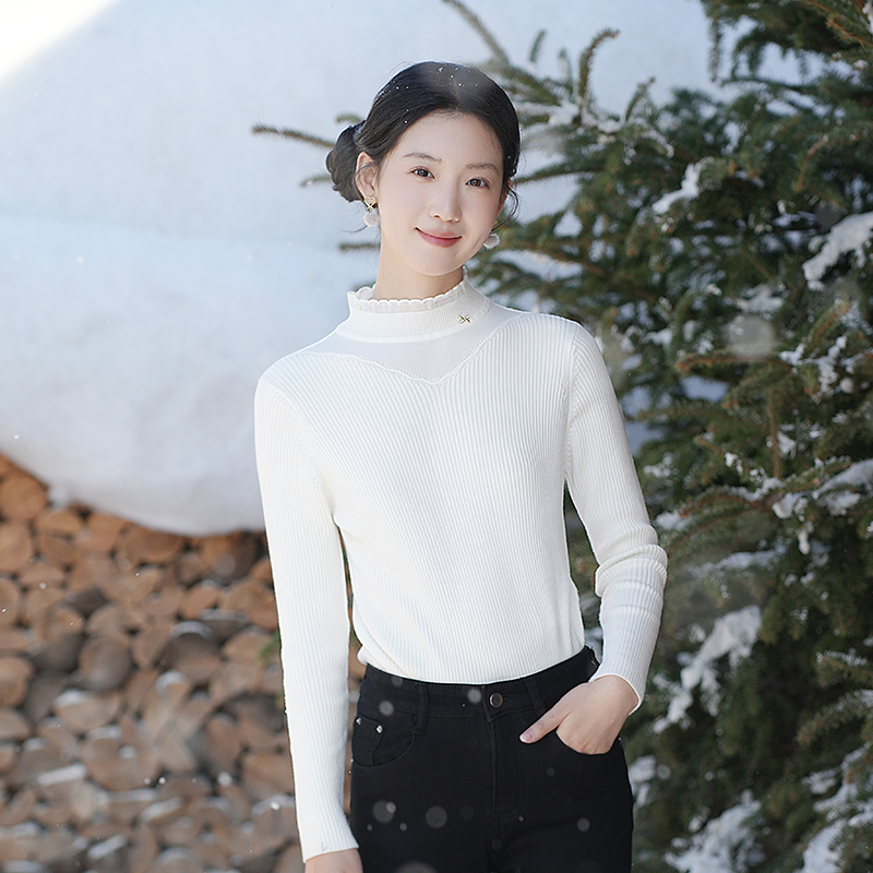 木耳边拼接针织甜美万能打底衫