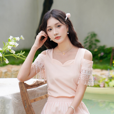 ATAR女夏季蕾丝绣花流苏露肩T恤