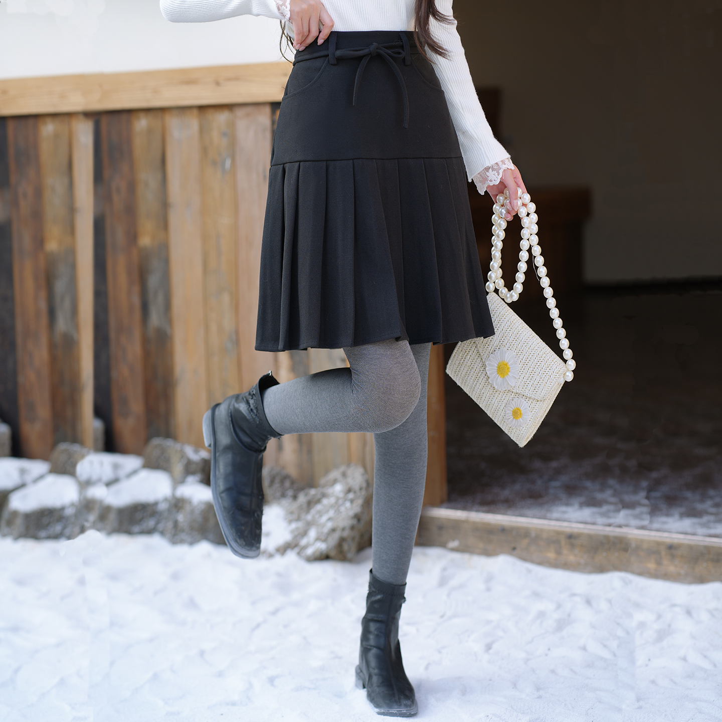 冬女装高腰蝴蝶结百褶半身裙子