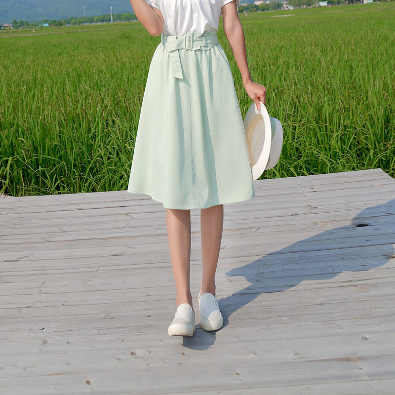 ATAR白领半身裙女夏季新款高腰系腰带休闲裙百搭伞裙纯色中长裙子