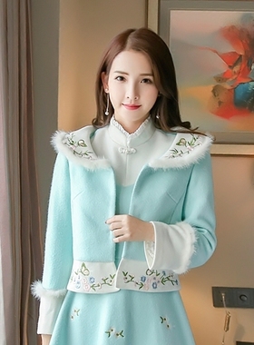 ATAR清货 名媛小香风兔毛刺绣短外套女 小个子秋冬加厚保暖上衣