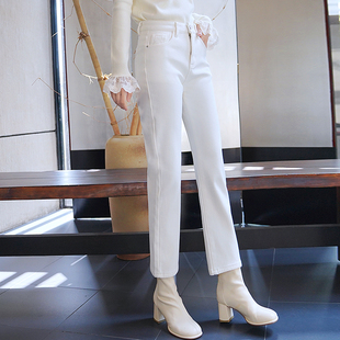 ATAR韩版潮流冬装新款加绒加厚牛仔九分裤 2025白色直筒烟管裤子