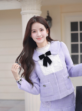 ATAR浪漫紫冬装新款小香风蕾丝绣花拼接短外套 娃娃领蝴蝶结上衣
