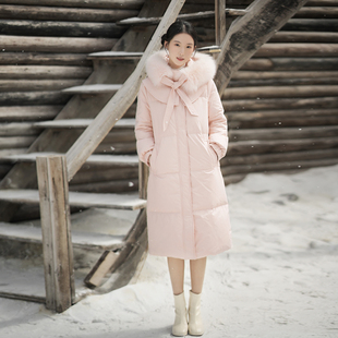 ATAR甜美淑女冬装白狐狸毛领连帽羽绒服大衣 修身显瘦中长款外套