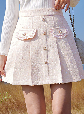 ATAR清货 法式半身裙 冬装高腰百褶裙子邻家淑女编织呢A字短裙