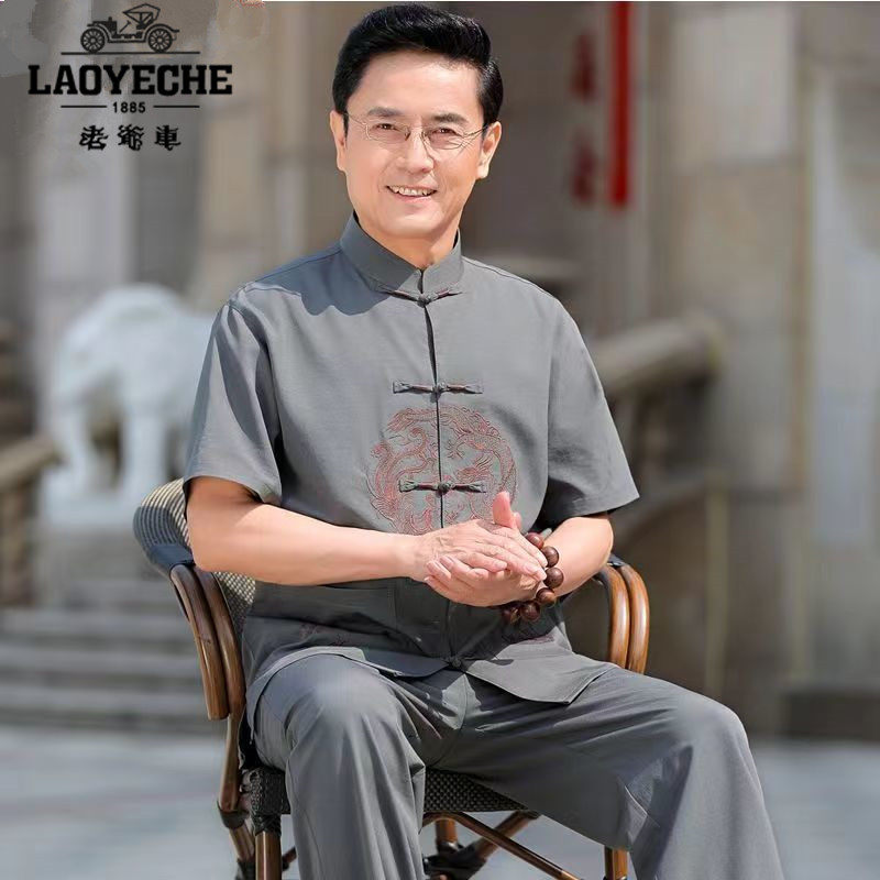 CLASSIC CAR SUMMER ICE SENSE MIDDLE-AGED AND ELDERLY MEN TANG STYLE EMBROIDERY SHORT SLEEVE COTTON AND LINEN SUIT DAD WEAR THIN MODEL