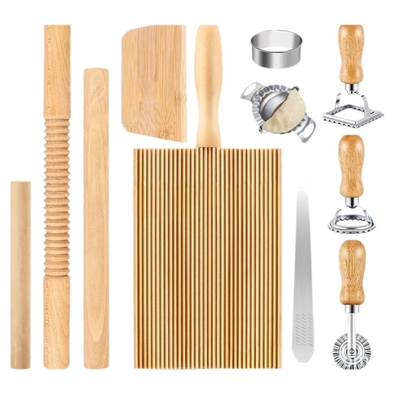 11件意大利面制作工具套装包括木制意大利面切割器面团刮刀擀面杖