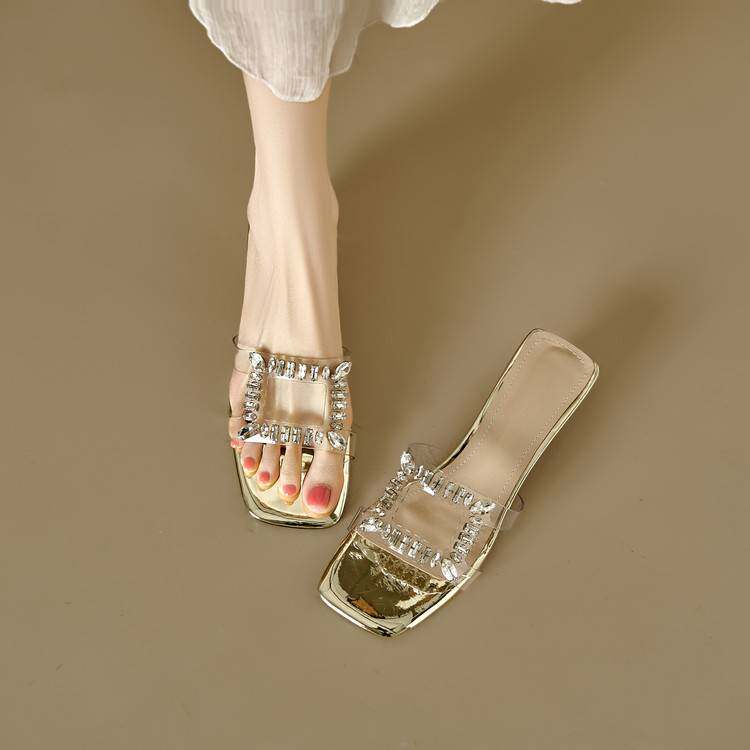 法式小凉拖配裙子拖鞋女夏季外穿水钻一字拖水晶仙女风粗跟高跟鞋