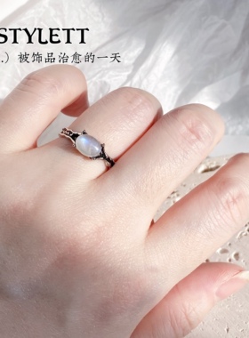 女电镀银INS风开口戒指月光石