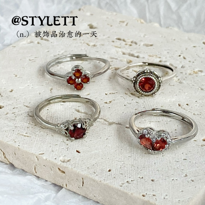 女电镀银复古天然水晶戒指石榴石