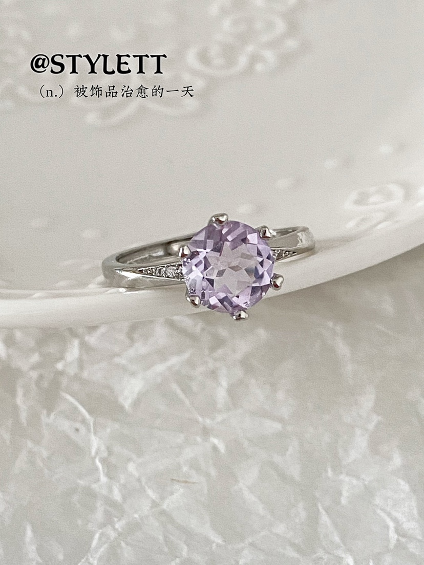 女电镀银甜美紫水晶戒指可调节