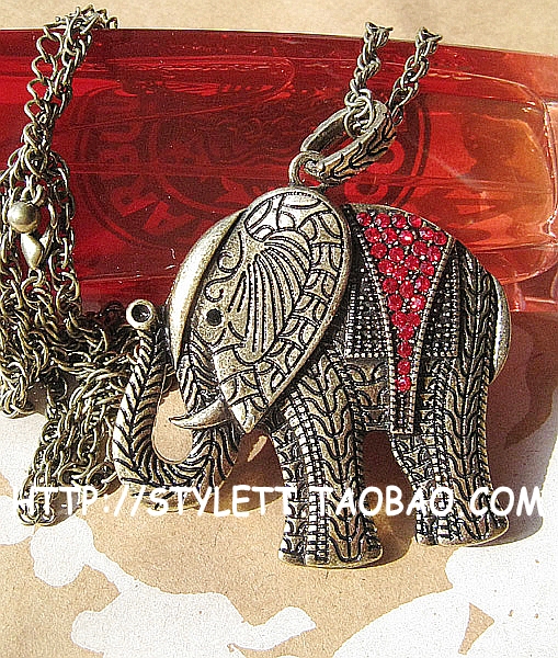 欧美复古风古铜做旧一定吉祥镶红钻大象长项链毛衣链饰品女