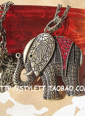 欧美复古风古铜做旧一定吉祥镶红钻大象长项链毛衣链饰品女
