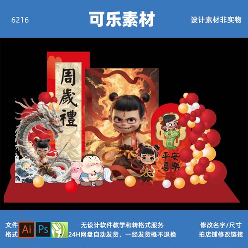 红金哪吒之魔童闹海宝宝宴生日宴周岁十岁生日背景设计素材非实物