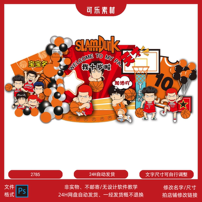 灌篮高手卡通主题宝宝宴生日派对十岁周岁迎宾舞台背景设计素材PS