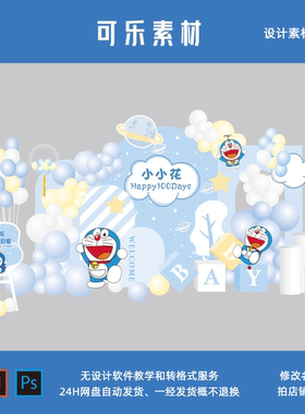 蓝色哆啦A梦机器猫宝宝宴周岁百天生日派对迎宾舞台背景设计素材