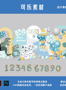 浅蓝绿色蓝绿动画恐龙气球主题森系宝宝宴周岁生日派对设计素材