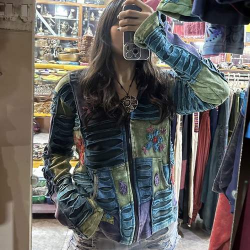 尼泊尔嬉皮夹克纯棉破洞连帽外套