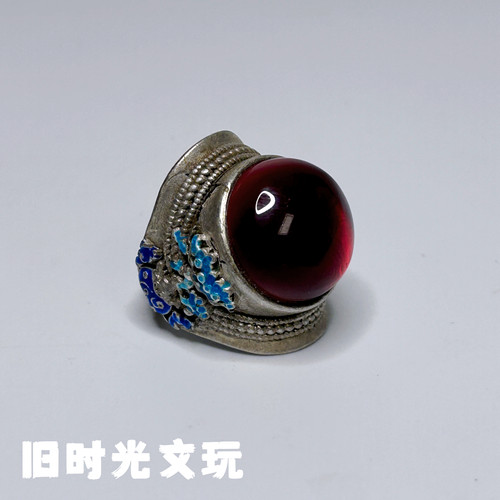 古玩收藏复古戒指手工镶嵌大红星光宝石双蝶藏银转运开口戒指手饰