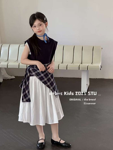 韩系藏青色拼接腰封叠穿连衣裙女童夏新设计感小众长裙中大童裙子