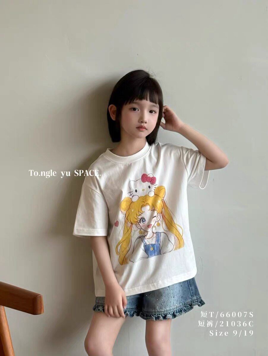 童乐鱼童装2026夏季新款女童卡通印花短袖韩系中大童半袖潮66007