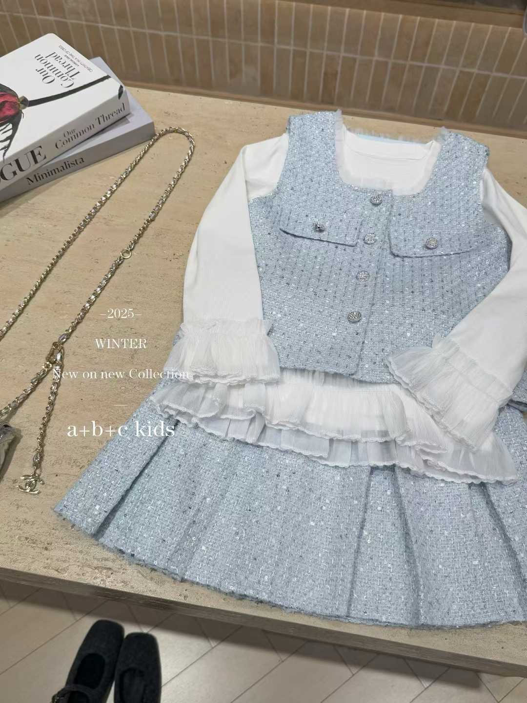 女童小香风套装裙2025新款秋冬中大童荷叶边打底衫背心短裙三件套