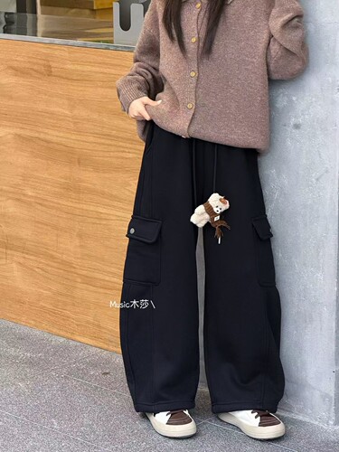 2026秋季新款男女童加绒针织工装裤宽松大口袋卫裤女童运动长裤潮