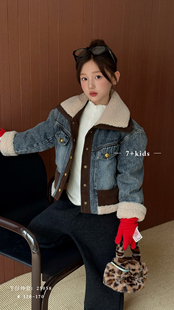 女童羽绒外套2025新款秋冬洋气韩版牛仔拼接羊羔毛外套中大童上衣