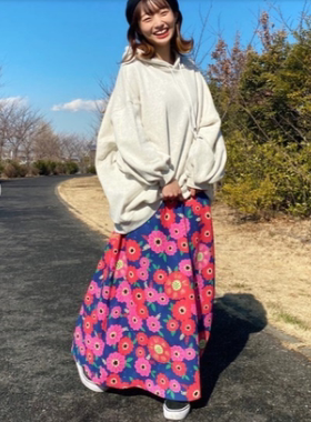 包拼邮RCWB日本代购夏季女生高腰松紧日系花朵印花喇叭形半身裙